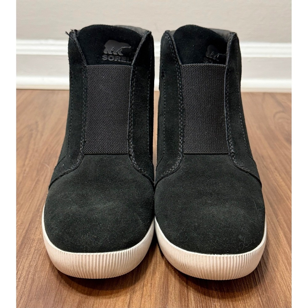 Sorel Out N About Pull On Hidden Wedge Black Suede Sneaker Boots Women Sz 9 - Picture 6 of 10